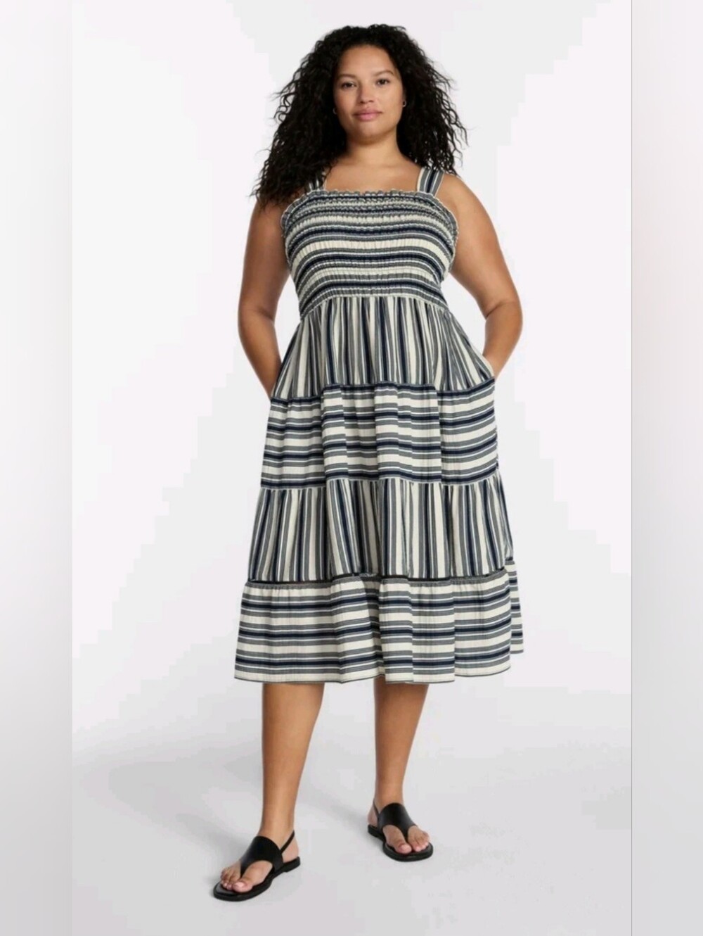Terra & Sky Plus Size 3X Navy Porcelain Striped Tiered Midi Dress NWT